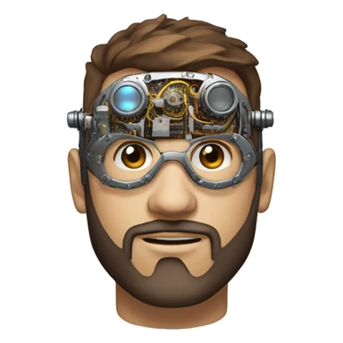 male cyborg head with brown short hair, brown beard, silver steampunk goggles and circuits sticker