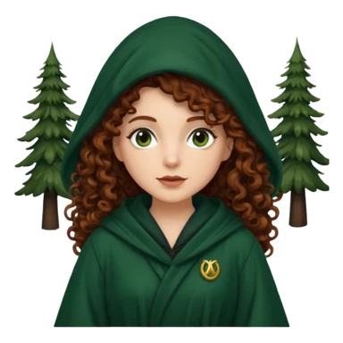 A white woman, a little thicker, with long dark auburn hair robed and hooded like she's a Traitor in the tv show The Traitors. her hair is mostly curly (kinda frizzy, not clean curls) and the robe is a dark dark forest green green sticker