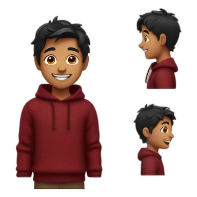 smiling and pointing north indian kid with black hair wearing a dark red sweater sticker