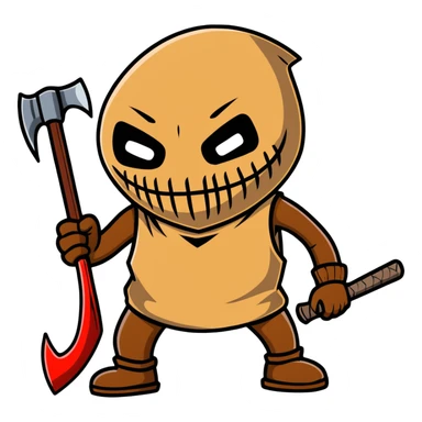 slasher film character with dirty burlap sack mask and axe sticker