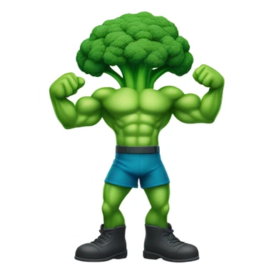 Generate a cartoonish broccoli emoji flexing its muscular arms with a confident smile. sticker