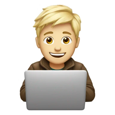 Blondie boy with a laptop and coffee smiling sticker