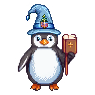 penguin wizard with a magical book, pixel art style sticker