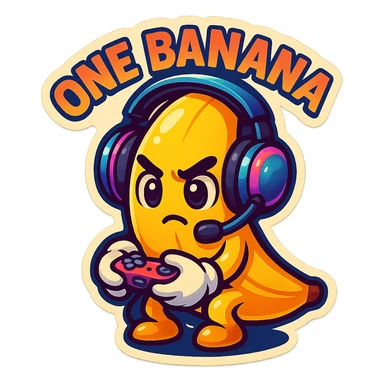 Cartoon banana wearing headset, holding tiny controller, focused expression, text above: "NE BANANA", chibi style, Twitch emoji style, transparent background, colorful sticker