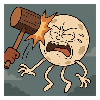 a full moon with a mallet bonking it, exaggerated impact, cartoon style sticker