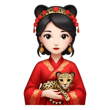 A beautiful girl in red Hanfu wedding dress is holding a black leopard sticker