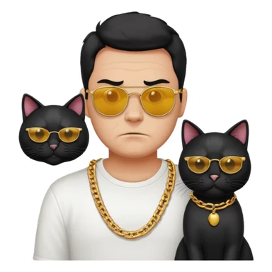 Freaky Larry is a cat with a gold chain and sunglasses standing behind a scared man with no facial hair. Make sure the cat is black sticker