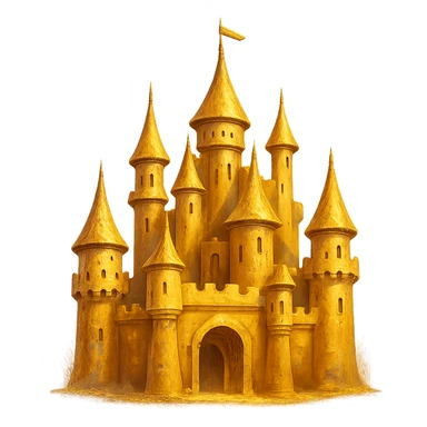 В cлегка рисованной, но при этом объемной и яркой стилистике сгенерируй картинку фотореалистичного золотого замка, прозрачный фон sticker