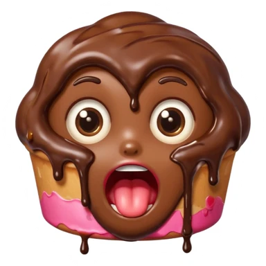 Funny cartoon chocolate mini pastry, wide shocked eyes, messy chocolate dripping, open mouth, chibi style, Twitch emoji style, transparent background, colorful
 sticker