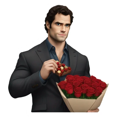 realistic photo of Henry Cavill holding roses and chocolates sticker