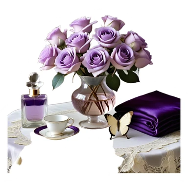 A dreamy, ethereal composition set in soft natural light: a lavish bouquet of light violet Ascott tea roses sits atop a vintage lace-covered table, their petals exuding a subtle fragrance. A deep purple satin throw adds contrast, its texture rich and luxurious. A graceful lavender butterfly hovers delicately above, as if drawn to the scene. An ivory silk ribbon, artfully tied into a loose bow, rests beside a beautifully designed pearl-colored vintage perfume flacon, its glass reflecting the surrounding hues in an elegant glow. sticker