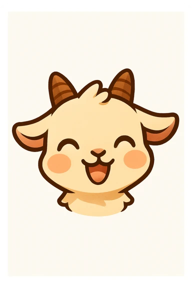 Create a chibi style goat head only with a joyful expression, looking up at the viewer, slight blush on cheeks, no flower, on a white background. Designed for a small emote with clear and cute features. sticker