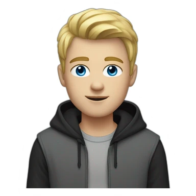young blond man with gray-blue eyes dressed in a gray hoodie and black vest sticker