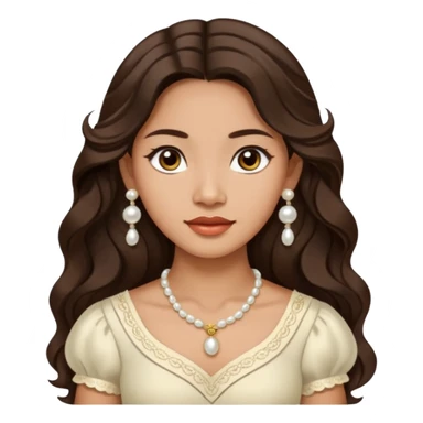 Tan Filipino woman with dark brown eyes and long dark wavy hair parted in the middle wearing a traditional filipiniana and white pearl stud earrings and no other jewelry sticker