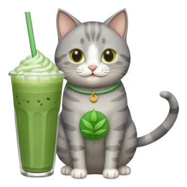 Happy gray Cat holding in its front two paws an iced matcha latte sticker