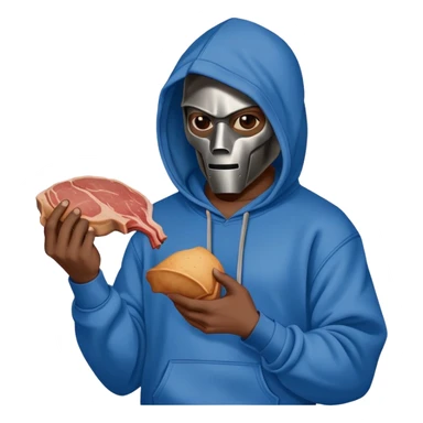 MF DOOM in a blue hoodie holding a piece of meat sticker