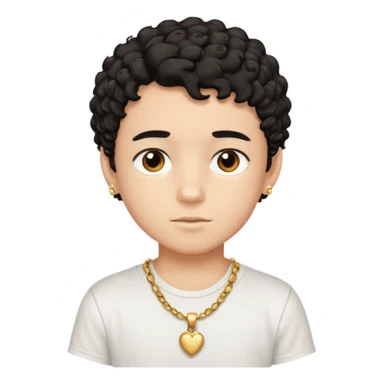 a boy with short black curly hair and brown eyes with white t-shirt and gold jewelry  sticker