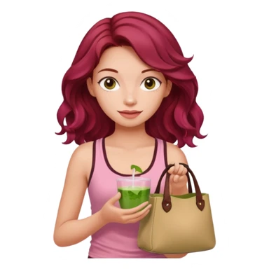 a pretty fair bratz girl with wavy dark red hair, wearing a pink tank top , carrying a matcha and a pink bag sticker
