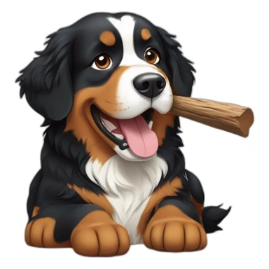 Bernese mountain dog playing with a wood stick sticker