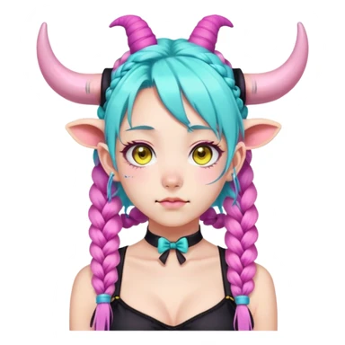 En anime-ku-jente med to rosa lange tykke fletter og cyan striper i håret, ku-horn og ku-ører, sort BH-topp over en gul cropped-fleece-blouse, lilla øyne, søt sløyfe på halsen  sticker