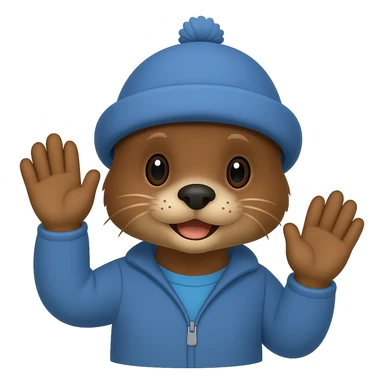 An otter with a blue hat on waving hi with one hand, emoji style sticker