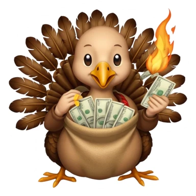 Can you create a turkey warming up a bag of money by a fire sticker