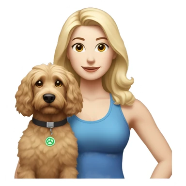 white woman with long blonde hair and cat shaped eyes wearing a yoga outfit standing alongside a tri-colored bernadoodle dog sticker