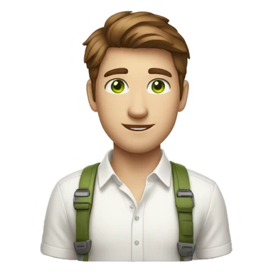 Brown short haired, green eyes, white shirt, AirPods, developer with macbook sticker