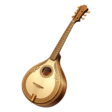 Bouzouki – Cinematic Realistic Bouzouki, depicted as a beautifully crafted Greek string instrument with a long neck and ornate fretwork, its polished wooden body reflecting warm golden light, set on a rustic background with soft shadows that evoke traditional Mediterranean music. sticker