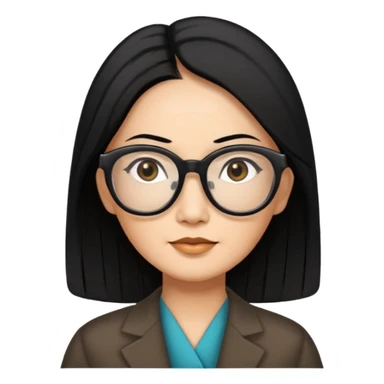 50 yr old asian woman, straight thick long black hair, big black, side part, big glasses sticker
