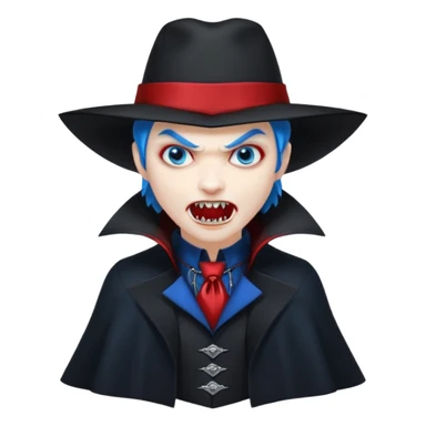 Vampire with blue hat,black coat with read collared ,teeth looks like vampire with aggression on face, full body. sticker