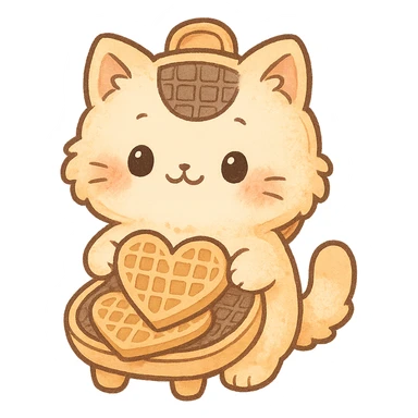 chibi style soft fluffy cat as a waffle maker, showing heart-shaped waffles, pastel orange, full-body sticker