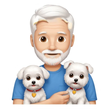 handsome gentleman, 60 years old, crew cut silver hair, full beard, wearing a blue t-shirt, smiling and holding a maltese dog sticker