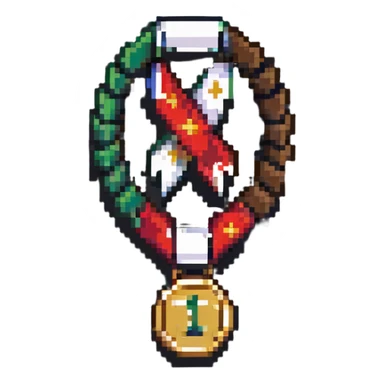 A colorful sponsor ribbon badge with a medal sticker