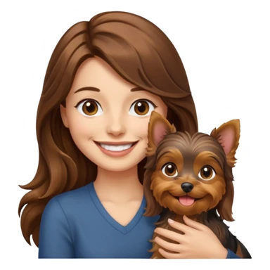 a smiling woman with long wavy brown hair holding a Yorkshire Terrier, emoji style sticker