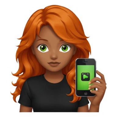 Girl with dark long orange wavy hair, green eyes, and black t-shirt and phone with black  app on hand sticker
