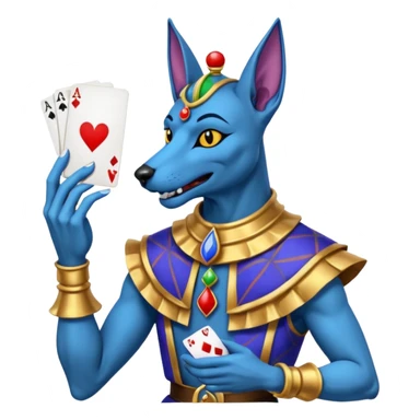 crazy colorful anubi jolly joker from poker, medieval, vintage, court jester, mac os icon, blue color, holds a single poker card on the right paw sticker