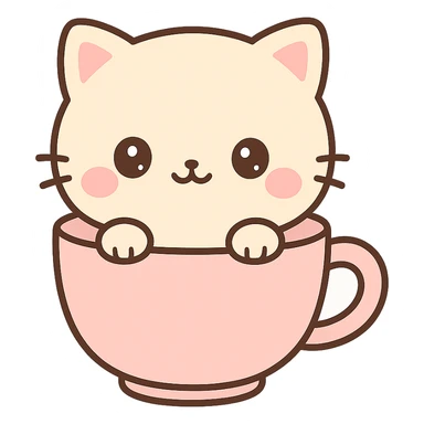 kawaii kitten, peeking out of a teacup, round face, blushing, gentle colors sticker