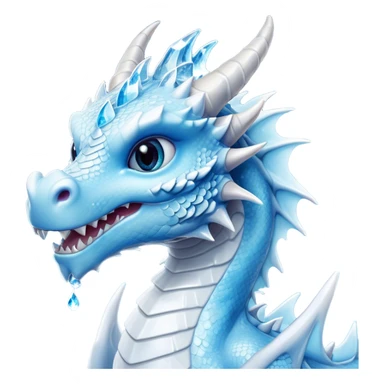 Cinematic Cute Beautiful Ice Dragon Portrait Emoji, Head tilted playfully and inquisitively, featuring a sleek, glacial form with intricately detailed, frost-kissed scales in shimmering blues and sparkling silver, accented by delicate ice crystal patterns and a gentle, enchanting glow; rendered with lifelike clarity and soft, natural light, high shine, charming and cool, styled with a touch of wintry fantasy, soft glowing outline, capturing the essence of a mischievous yet endearing ice guardian poised to twirl playfully into your dreams! sticker