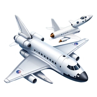 An icon featuring a space shuttle, a drone, and an airplane against a starry sky, symbolizing aerospace technology. The design includes rocket boosters and satellite orbits, representing the exploration of space and advanced aviation. Transparent background sticker