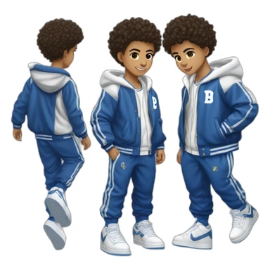 Lightskin boy with short curly hair Wearing a blue and white varsity with a fluffy B on the side and on the other side it says impact . and  dunks low top and matching pants to jacket sticker
