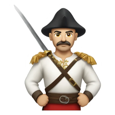 a Cossack warrior in a field holding an ancient saber. The Cossack has a shaved head and a long strand of hair on one side. He has a thick, curved mustache and wears a gold earring in his left ear. His outfit is simple, a white shirt and red pants sticker