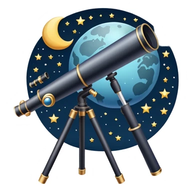 An icon featuring a telescope, stars, and a planet, symbolizing astronomy. The design includes a crescent moon, distant galaxies, and constellations, representing the study of space and celestial bodies. Transparent background highlights the exploration of the universe and cosmic phenomena. sticker