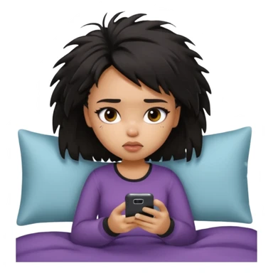 generate a pretty bratz girl with short black messy bed hair, looking tired and using her phone sticker