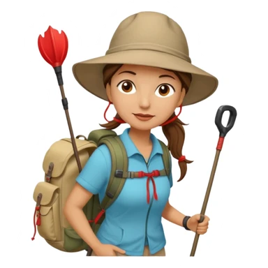 Middle aged women, long brown ponytail with wide brim hiking hat. With backpack and trekking poles. Backpack has a scallop shell with the cross of saint james hanging from it.  Remove the cross and add a scallop shell on a red string hanging from the backpack  sticker