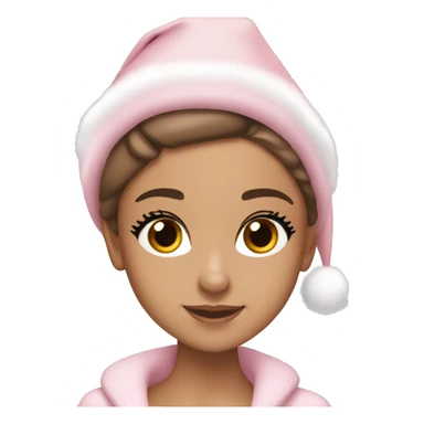 Ariana grande in a light pink christmas outfit wearing a light pink christmas hat sticker