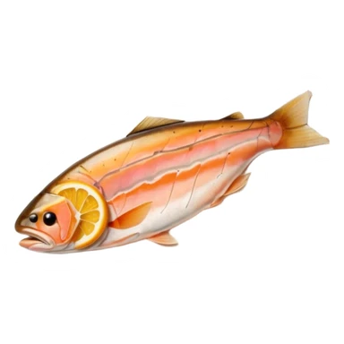 single slice of smoked trout, soft orange-pink hue, delicate marbling, translucent and slightly glossy texture, thin and naturally irregular with subtle folds and gently curved edges, no garnish, plate, or extras, soft lighting, subtle shadows, emoji scale sticker