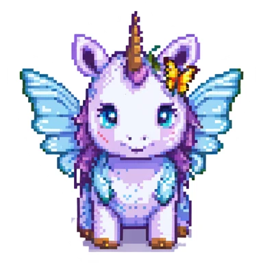colorful baby unicorn with butterfly wings, pixel art style sticker
