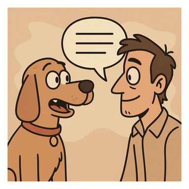 cartoon dog and human facing each other with a speech bubble between them, showing communication or translation sticker