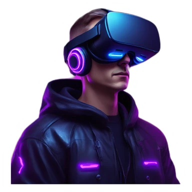 Russian man wearing a black hoodie with "OMG" letters on it and VR headset in a cyberpunk VR environment with violet neon lighting. sticker